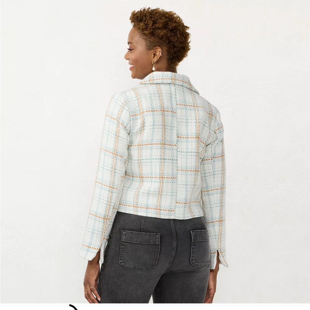 Lauren Conrad White Blue Tan Plaid Jacket Size XLP - Picture 3 of 4
